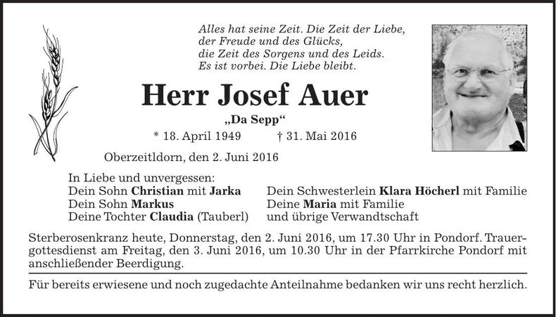Traueranzeige Josef Auer