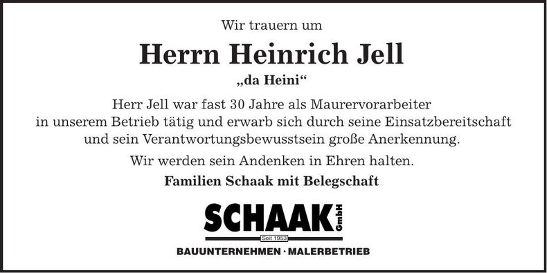 Traueranzeige Heinrich Jell