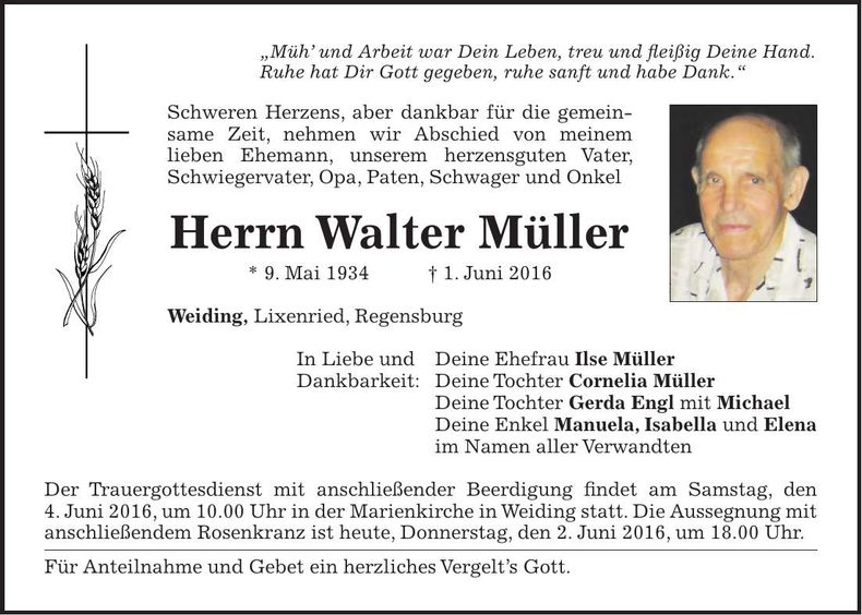 Traueranzeige Walter Müller