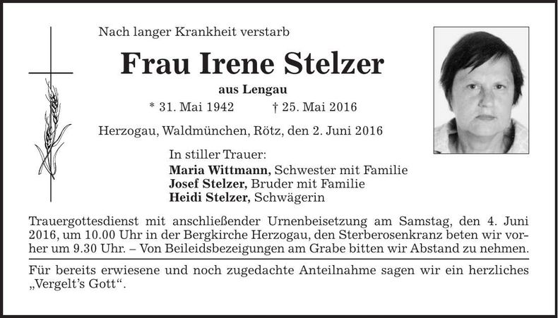 Traueranzeige Irene Stelzer