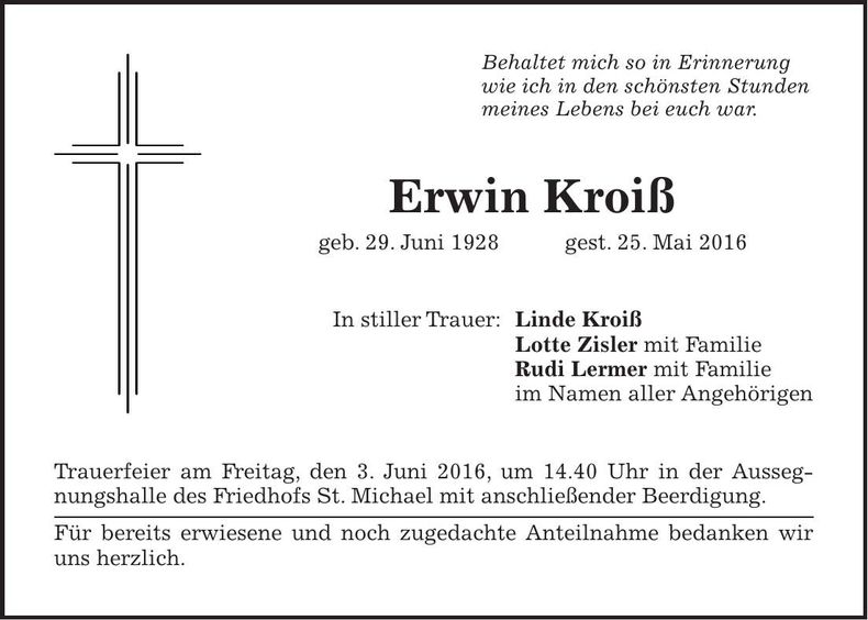 Traueranzeige Erwin Kroiß