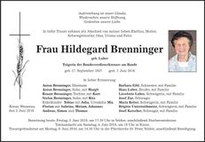 Traueranzeige Hildegard Brenninger