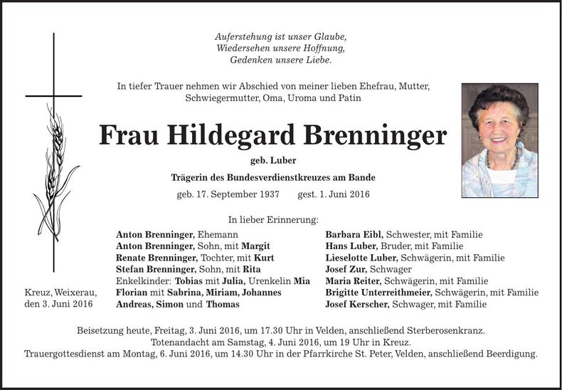 Traueranzeige Hildegard Brenninger