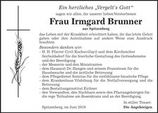 Traueranzeige Irmgard Brunner