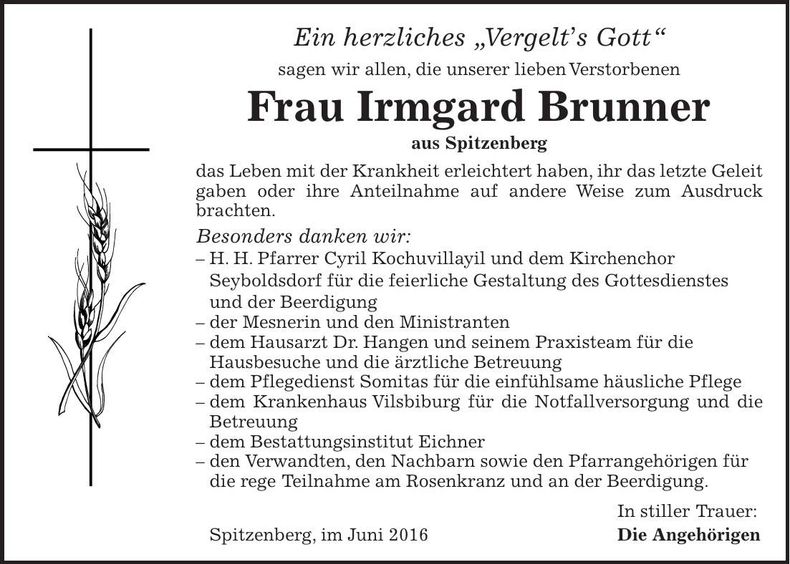 Traueranzeige Irmgard Brunner