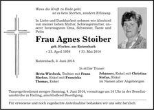 Traueranzeige Agnes Stoiber
