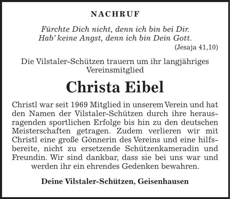 Traueranzeige Christa Eibel