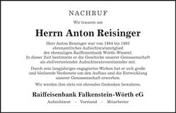 Traueranzeige Anton Reisinger