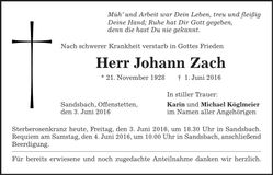 Traueranzeige Johann Zach