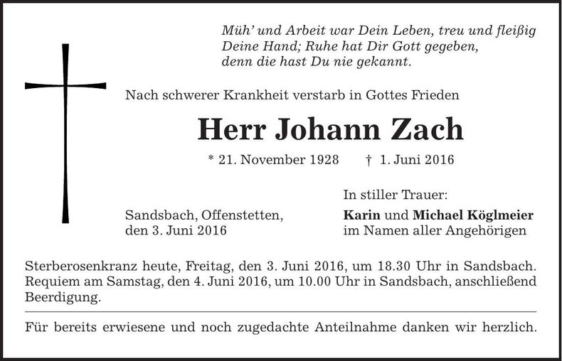 Traueranzeige Johann Zach
