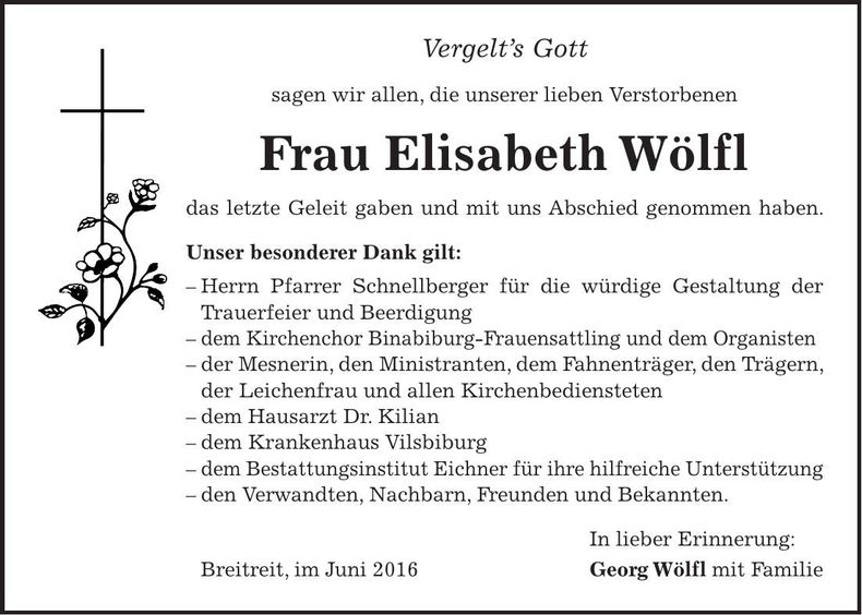 Traueranzeige Elisabeth Wölfl