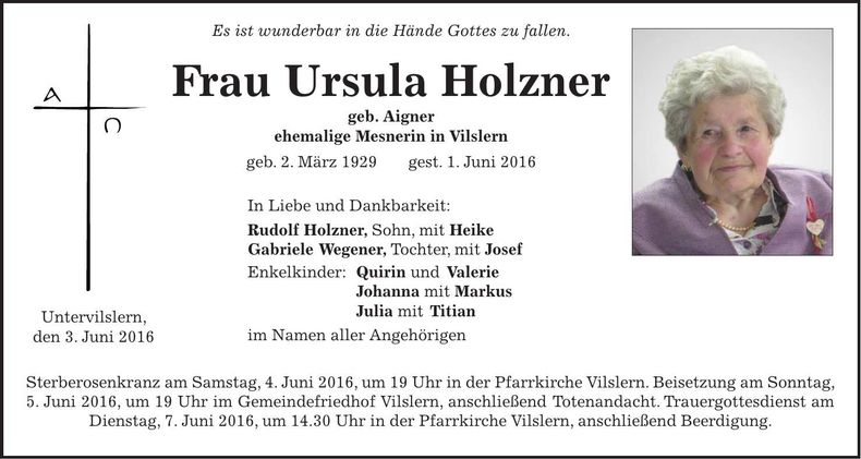 Traueranzeige Ursula Holzner