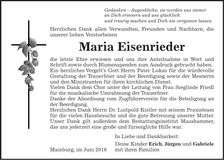 Traueranzeige Maria Eisenrieder
