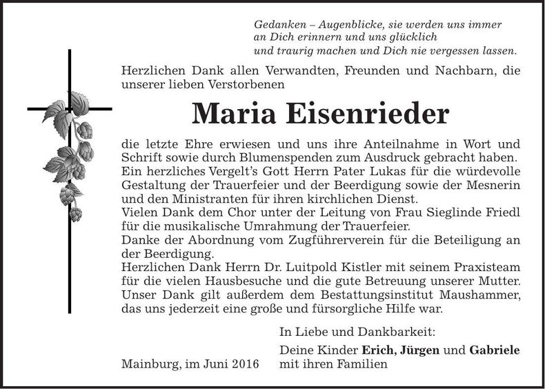 Traueranzeige Maria Eisenrieder