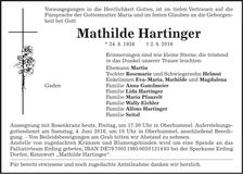 Traueranzeige Mathilde Hartinger