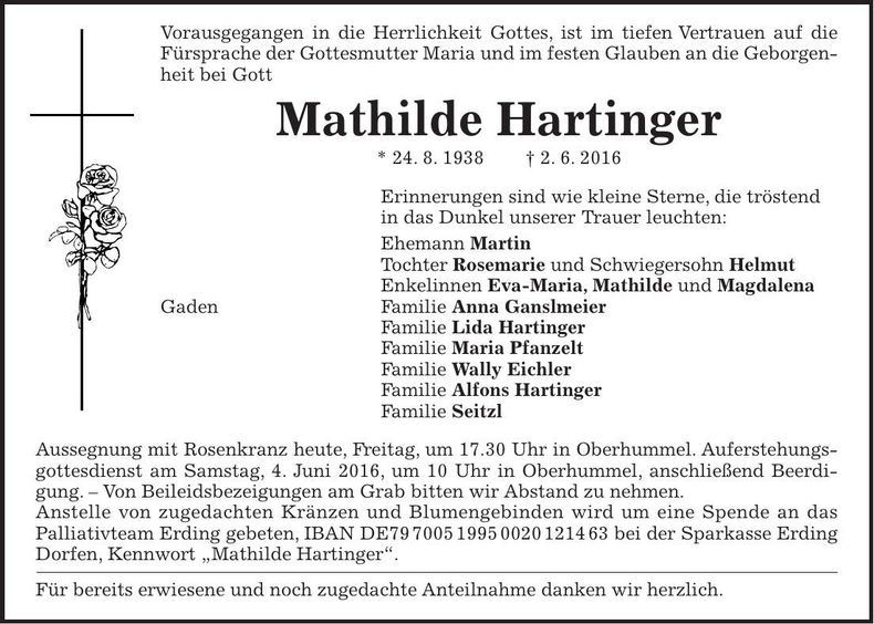 Traueranzeige Mathilde Hartinger