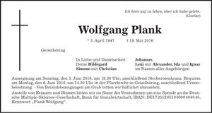 Traueranzeige Wolfgang Plank