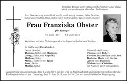 Traueranzeige Franziska Obster