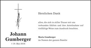 Traueranzeige Johann Gumberger