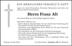 Traueranzeige Franz Alt