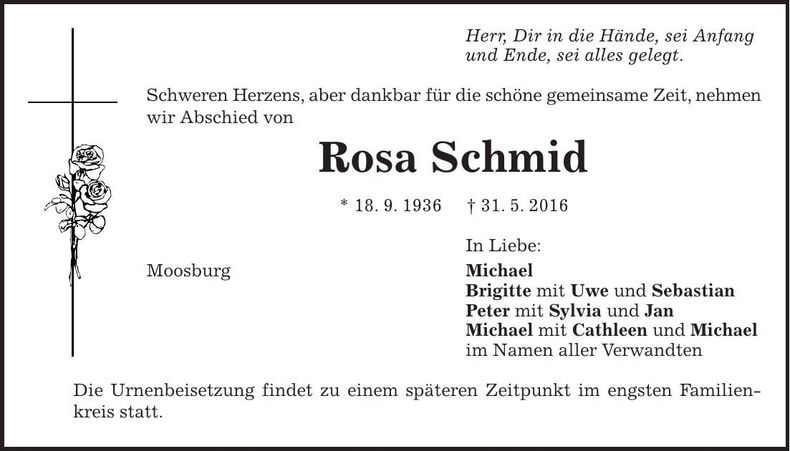 Traueranzeige Schmid Rosa