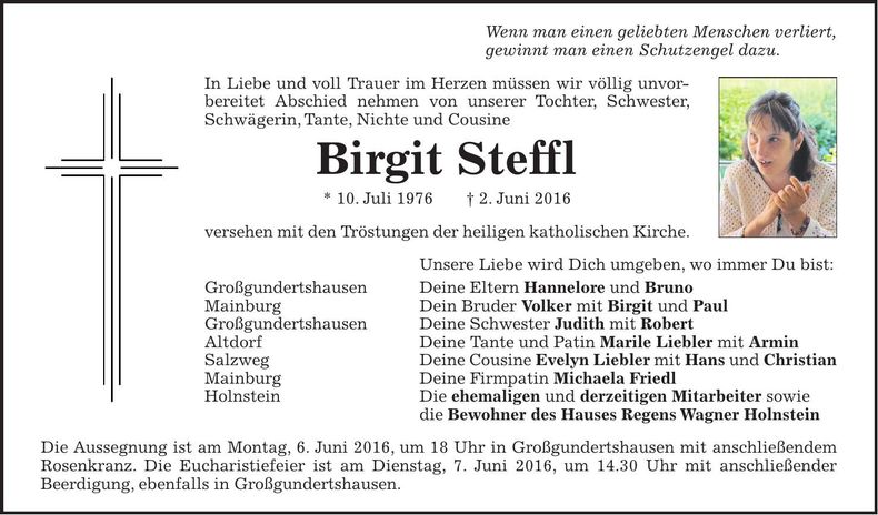 Traueranzeige Birgit Steffl