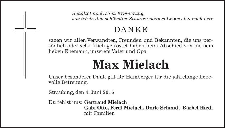 Traueranzeige Max Mielach