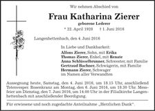 Traueranzeige Katharina Zierer