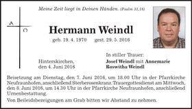 Traueranzeige Hermann Weindl