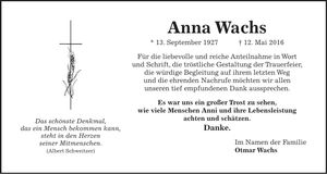 Traueranzeige Anna Wachs