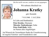 Traueranzeige Johanna Kratky