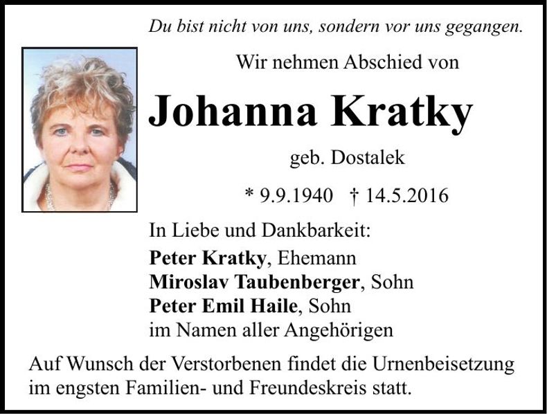 Traueranzeige Johanna Kratky