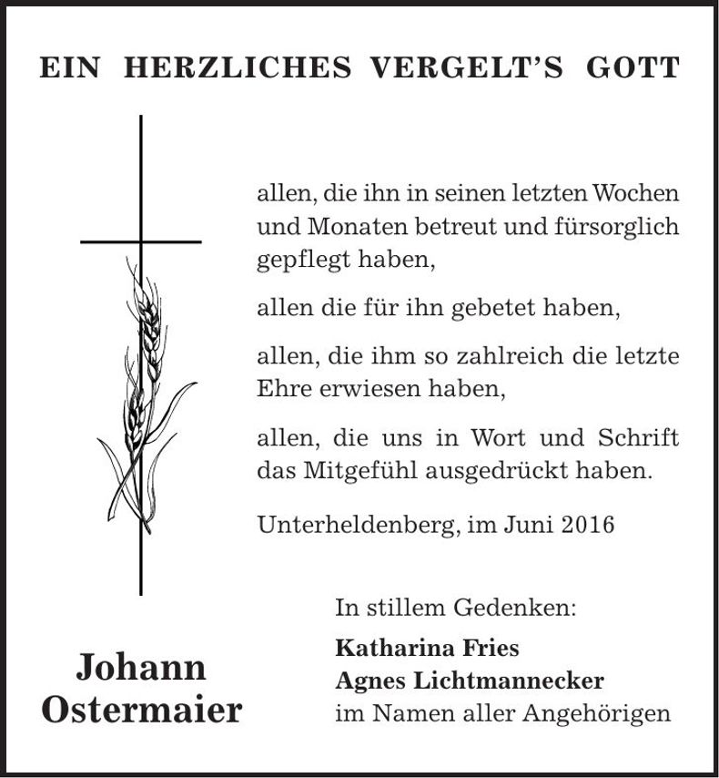 Traueranzeige Johann Ostermaier