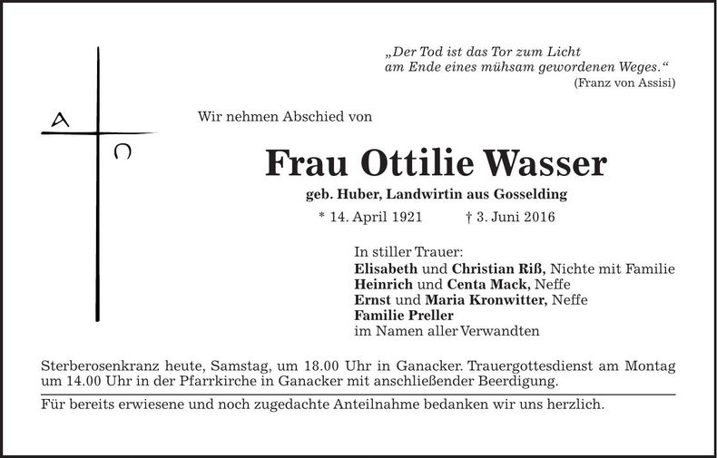 Traueranzeige Ottilie Wasser