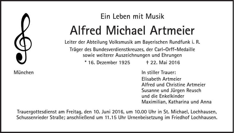 Traueranzeige Alfred Michael Artmeier