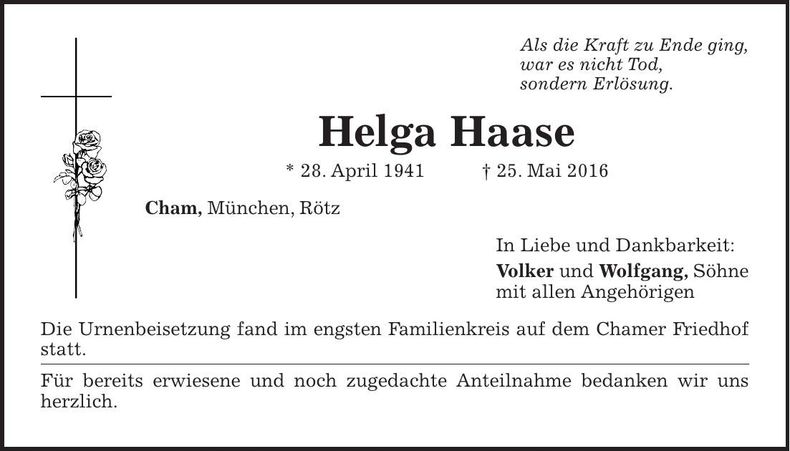 Traueranzeige Helga Haase