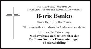 Traueranzeige Boris Benko