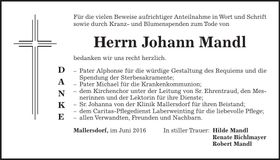 Traueranzeige Johann Mandl