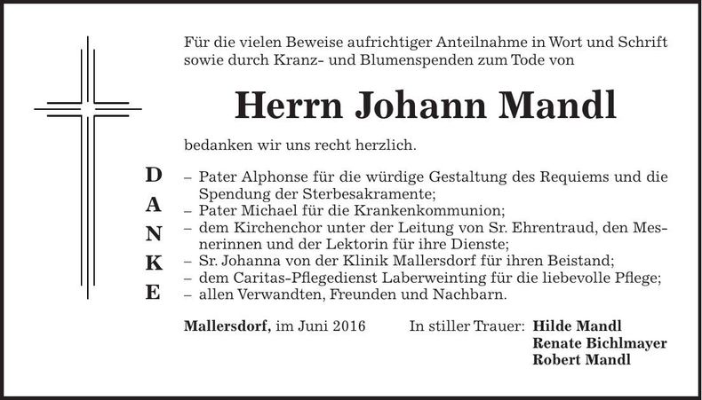 Traueranzeige Johann Mandl