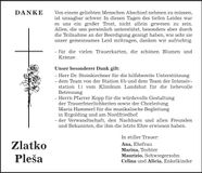 Traueranzeige Zlatko Plesa