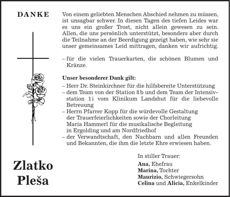Traueranzeige Zlatko Plesa
