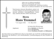 Traueranzeige Hans Tremmel