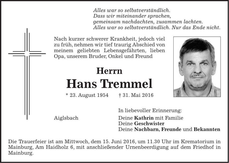 Traueranzeige Hans Tremmel