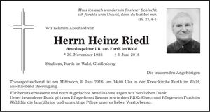 Traueranzeige Heinz Riedl