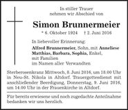 Traueranzeige Simon Brunnermeier