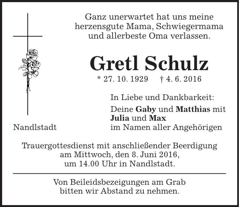 Traueranzeige Gretl Schulz