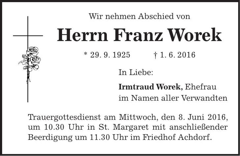 Traueranzeige Franz Worek