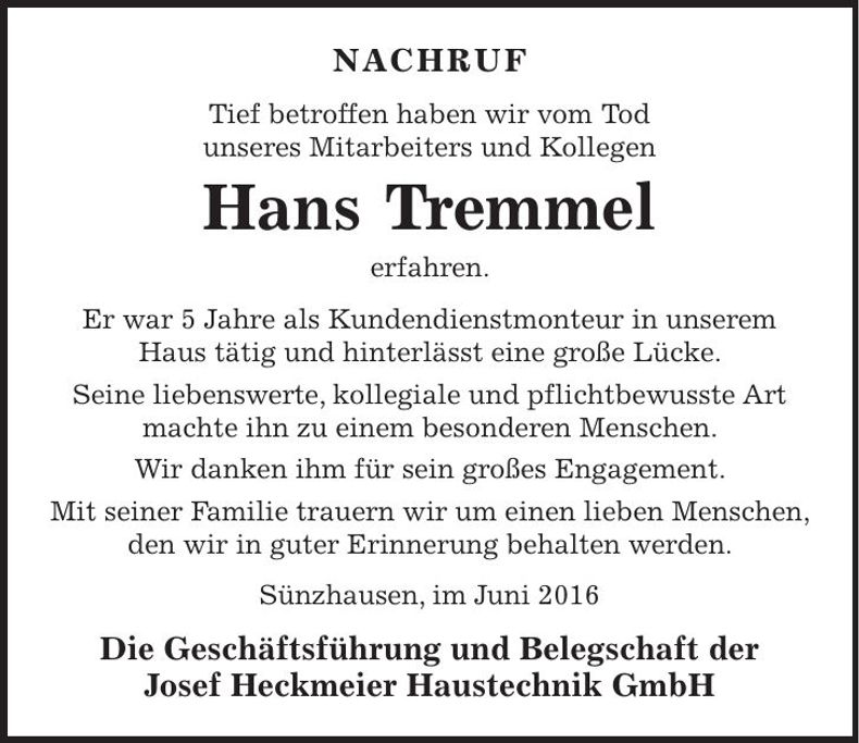 Traueranzeige Johann Tremmel