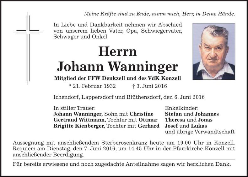 Traueranzeige Johann Wanninger
