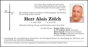 Traueranzeige Alois Zölch